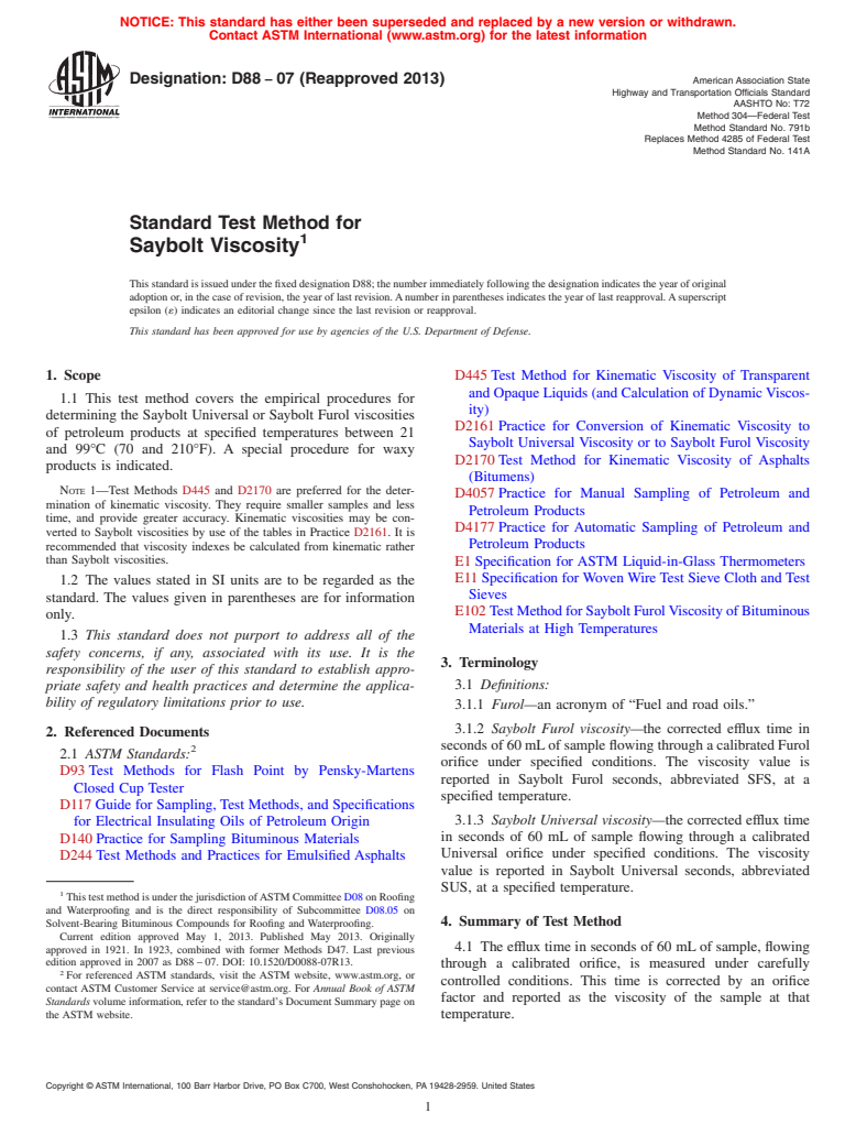 ASTM D88-07(2013) - Standard Test Method for  Saybolt Viscosity