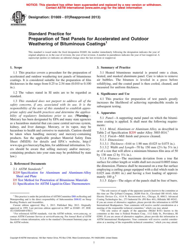 ASTM D1669-07(2013) - Standard Practice for  Preparation of Test Panels for Accelerated and Outdoor Weathering  of Bituminous Coatings