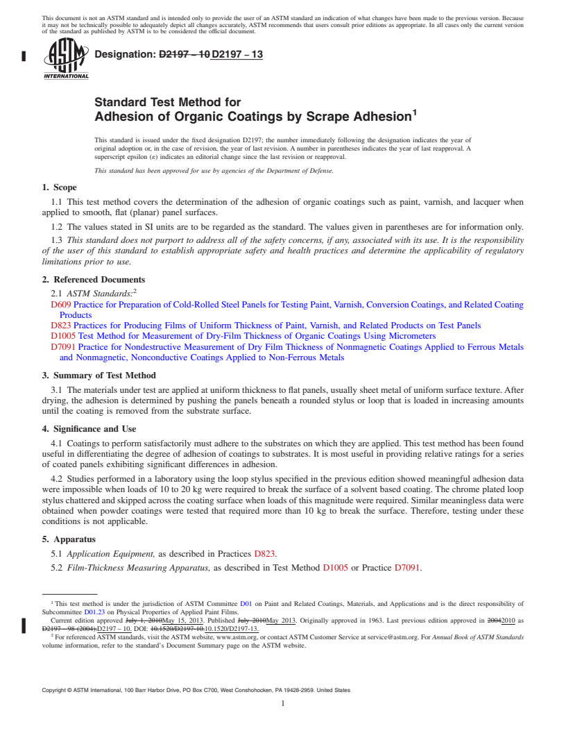 REDLINE ASTM D2197-13 - Standard Test Method for Adhesion of Organic Coatings by Scrape Adhesion