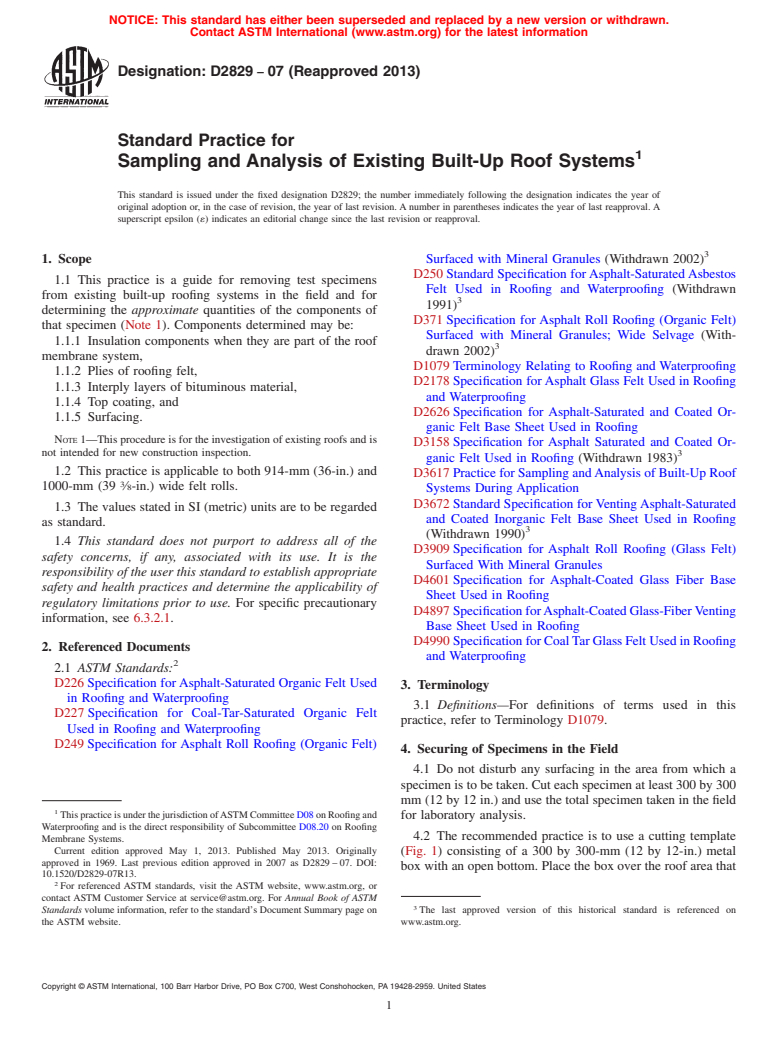 ASTM D2829-07(2013) - Standard Practice for  Sampling and Analysis of Existing Built-Up Roof Systems