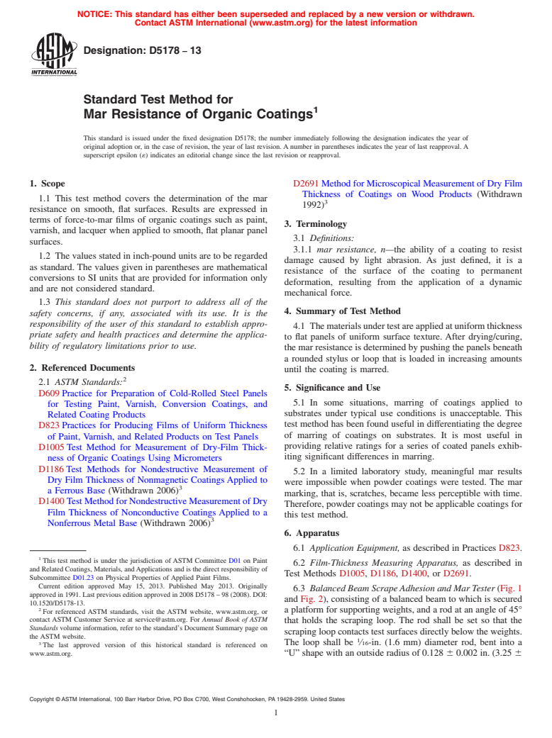 ASTM D5178-13 - Standard Test Method for Mar Resistance of Organic Coatings