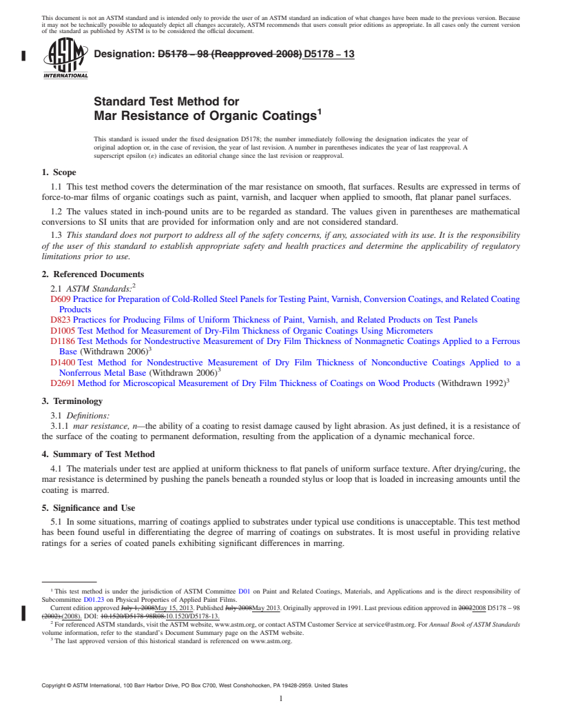 REDLINE ASTM D5178-13 - Standard Test Method for Mar Resistance of Organic Coatings