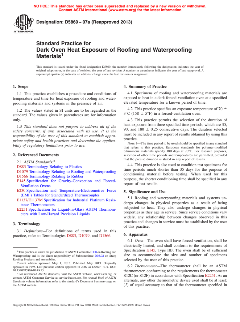 ASTM D5869-07a(2013) - Standard Practice for  Dark Oven Heat Exposure of Roofing and Waterproofing Materials