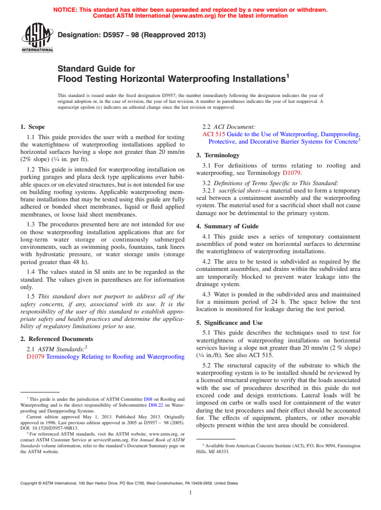 ASTM D5957-98(2013) - Standard Guide for  Flood Testing Horizontal Waterproofing Installations