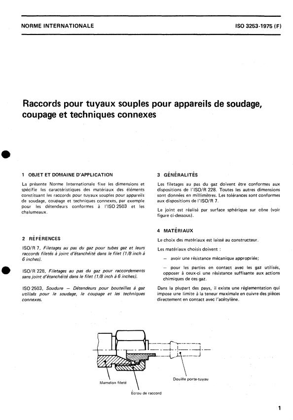 ISO 3253:1975 - Raccords pour tuyaux souples pour appareils de soudage, coupage et techniques connexes