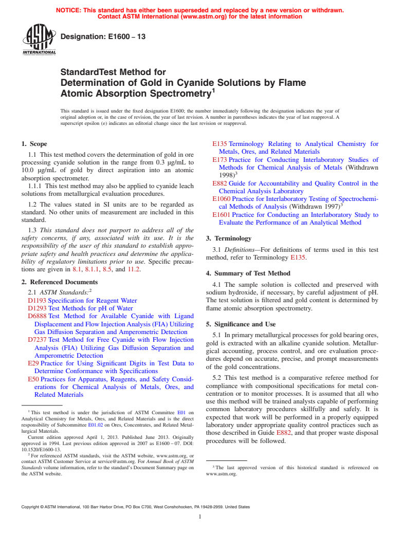 ASTM E1600-13 - Standard Test Method for  Determination of Gold in Cyanide Solutions by Flame Atomic  Absorption Spectrometry