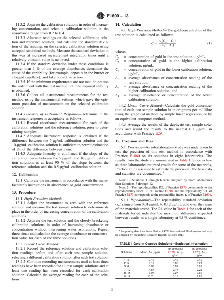 ASTM E1600-13 - Standard Test Method for  Determination of Gold in Cyanide Solutions by Flame Atomic  Absorption Spectrometry