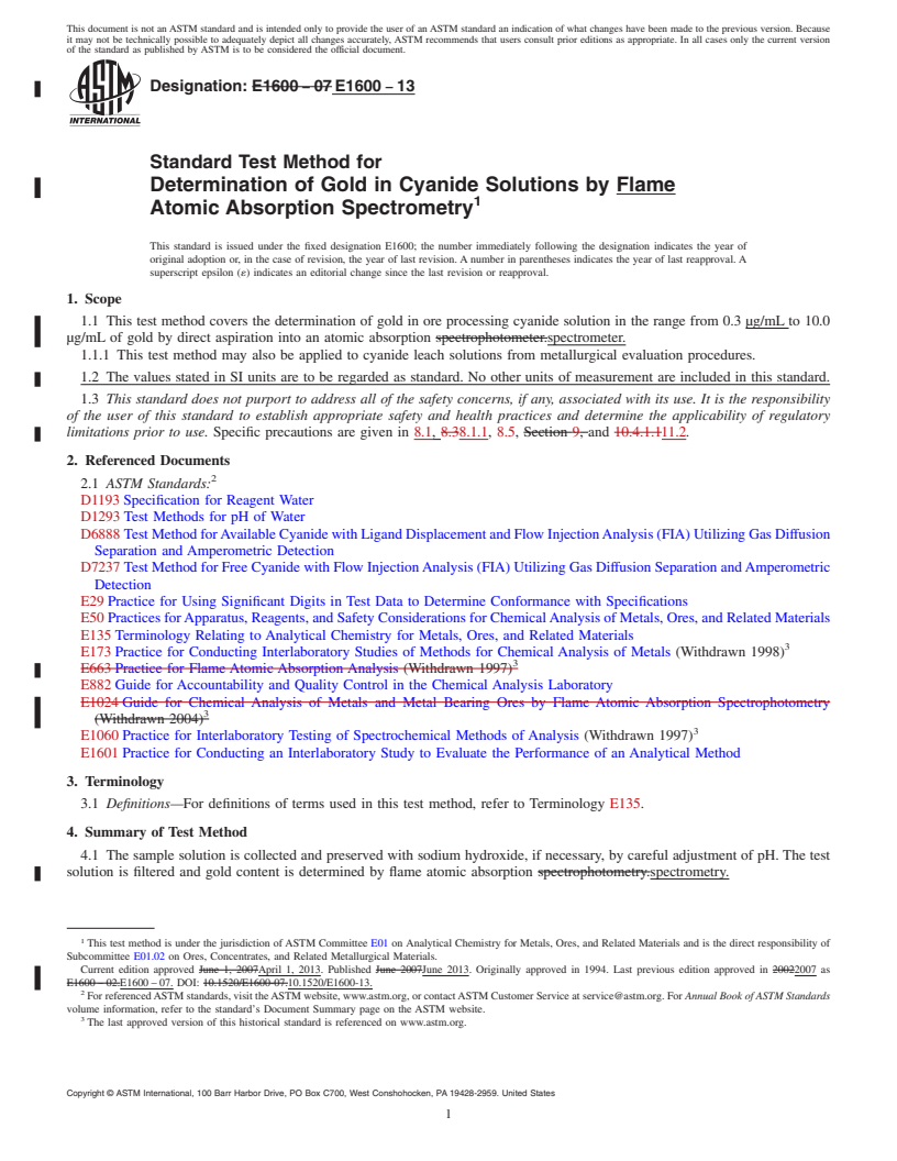 REDLINE ASTM E1600-13 - Standard Test Method for  Determination of Gold in Cyanide Solutions by Flame Atomic  Absorption Spectrometry