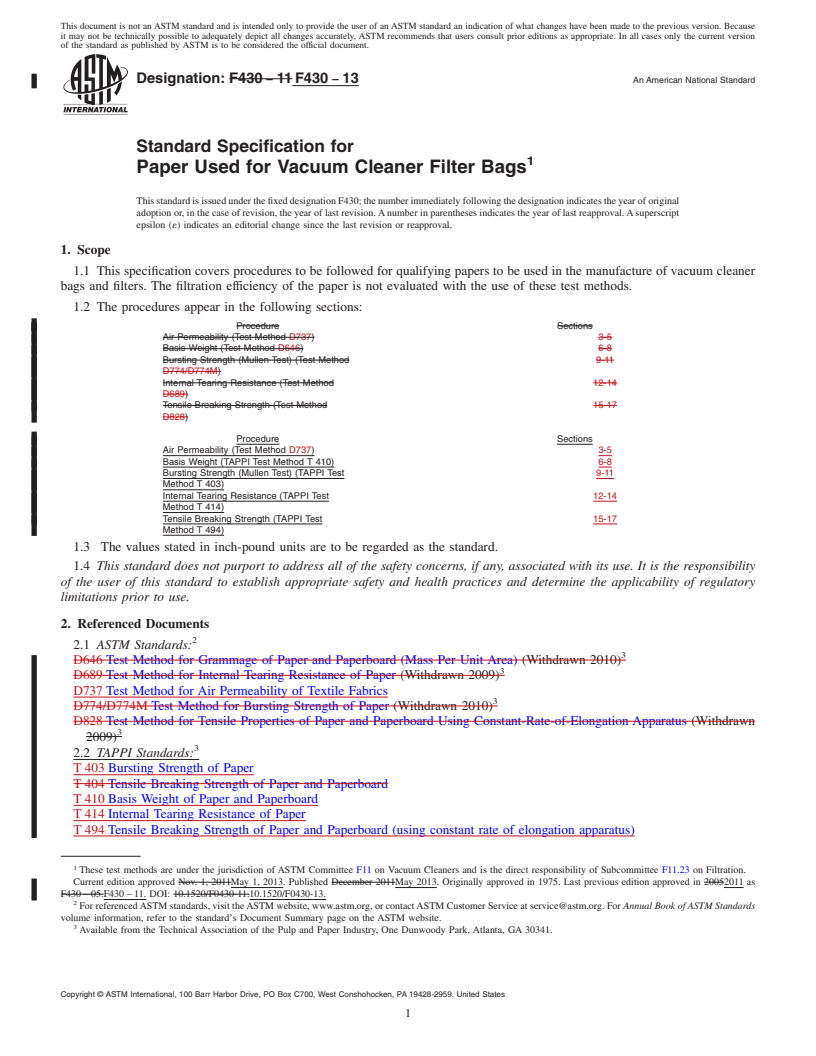 REDLINE ASTM F430-13 - Standard Specification for  Paper Used for Vacuum Cleaner Filter Bags