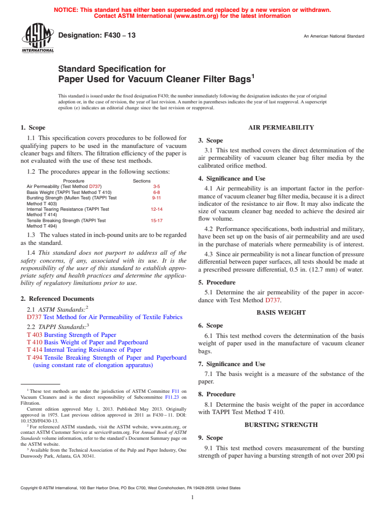 ASTM F430-13 - Standard Specification for  Paper Used for Vacuum Cleaner Filter Bags