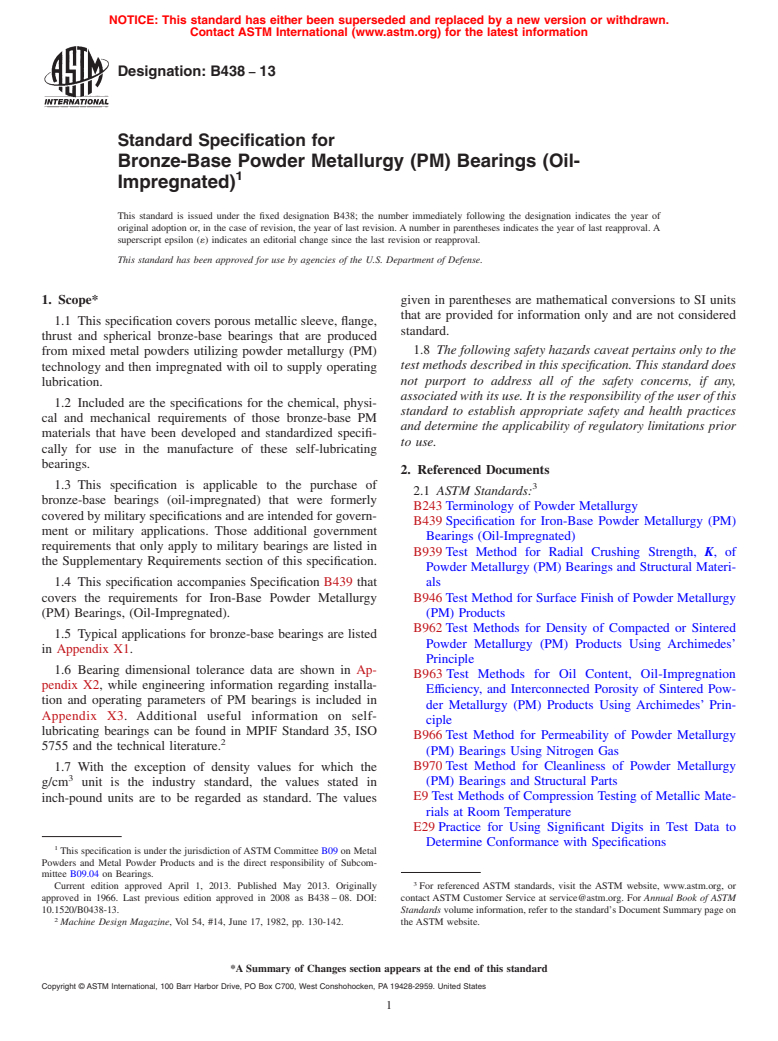 ASTM B438-13 - Standard Specification for Bronze-Base Powder Metallurgy (PM) Bearings (Oil-Impregnated)