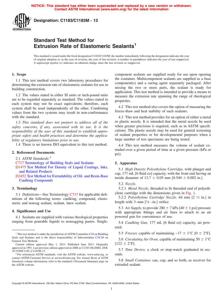 ASTM C1183/C1183M-13 - Standard Test Method for Extrusion Rate of Elastomeric Sealants