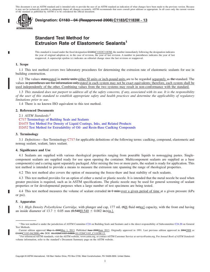 REDLINE ASTM C1183/C1183M-13 - Standard Test Method for Extrusion Rate of Elastomeric Sealants