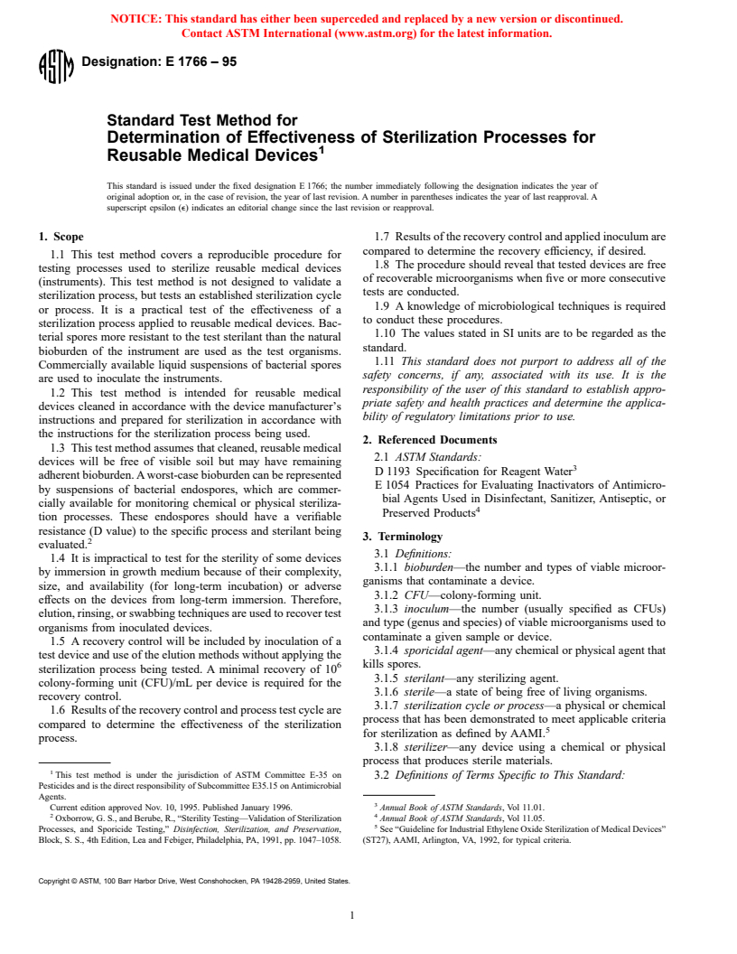 ASTM E1766-95 - Standard Test Method for Determination of Effectiveness of Sterilization Processes for Reusable Medical Devices