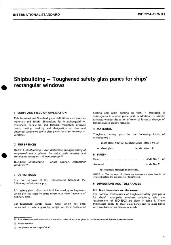 ISO 3254:1975 - Shipbuilding -- Toughened safety glass panes for ships' rectangular windows