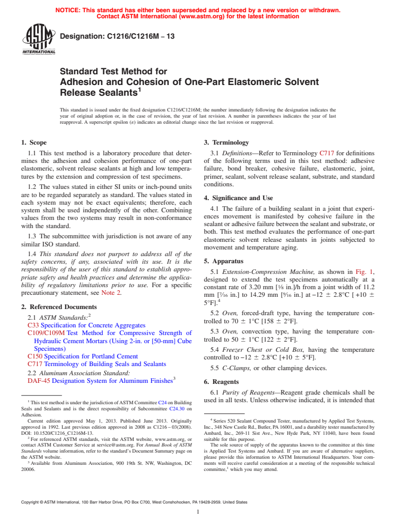 ASTM C1216/C1216M-13 - Standard Test Method for Adhesion and Cohesion of One-Part Elastomeric Solvent Release Sealants (Withdrawn 2022)