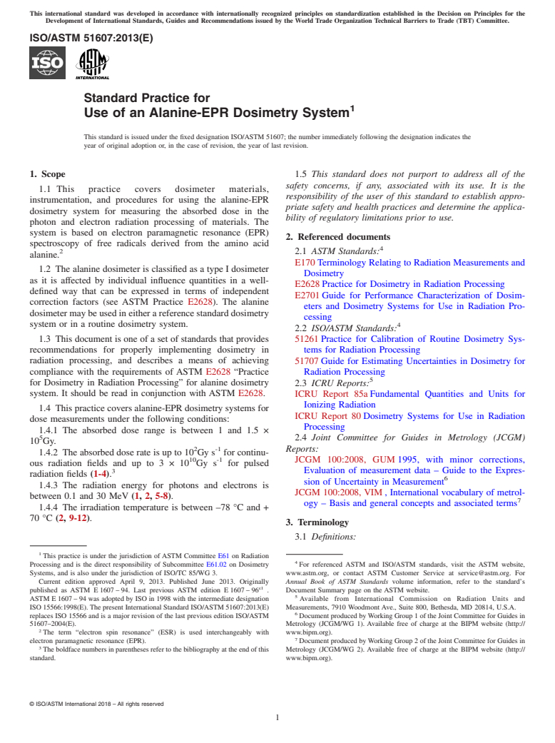 ASTM ISO/ASTM51607-13 - Standard Practice for Use of the Alanine-EPR Dosimetry System