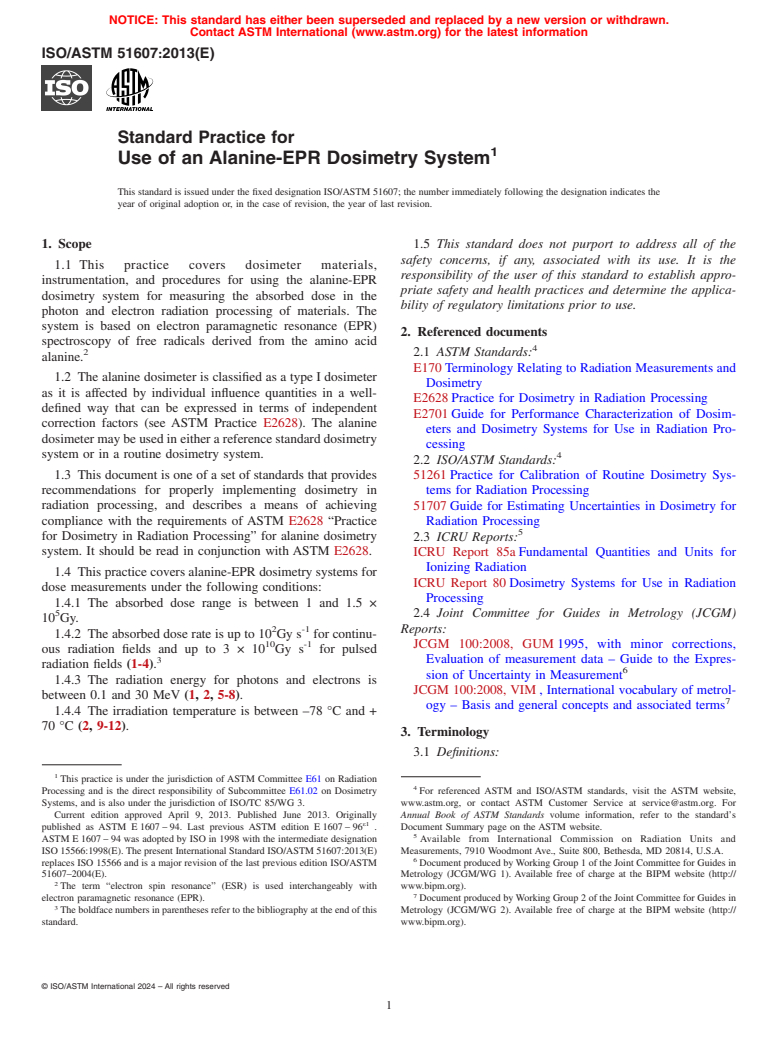 ASTM ISO/ASTM51607-13 - Standard Practice for Use of the Alanine-EPR Dosimetry System