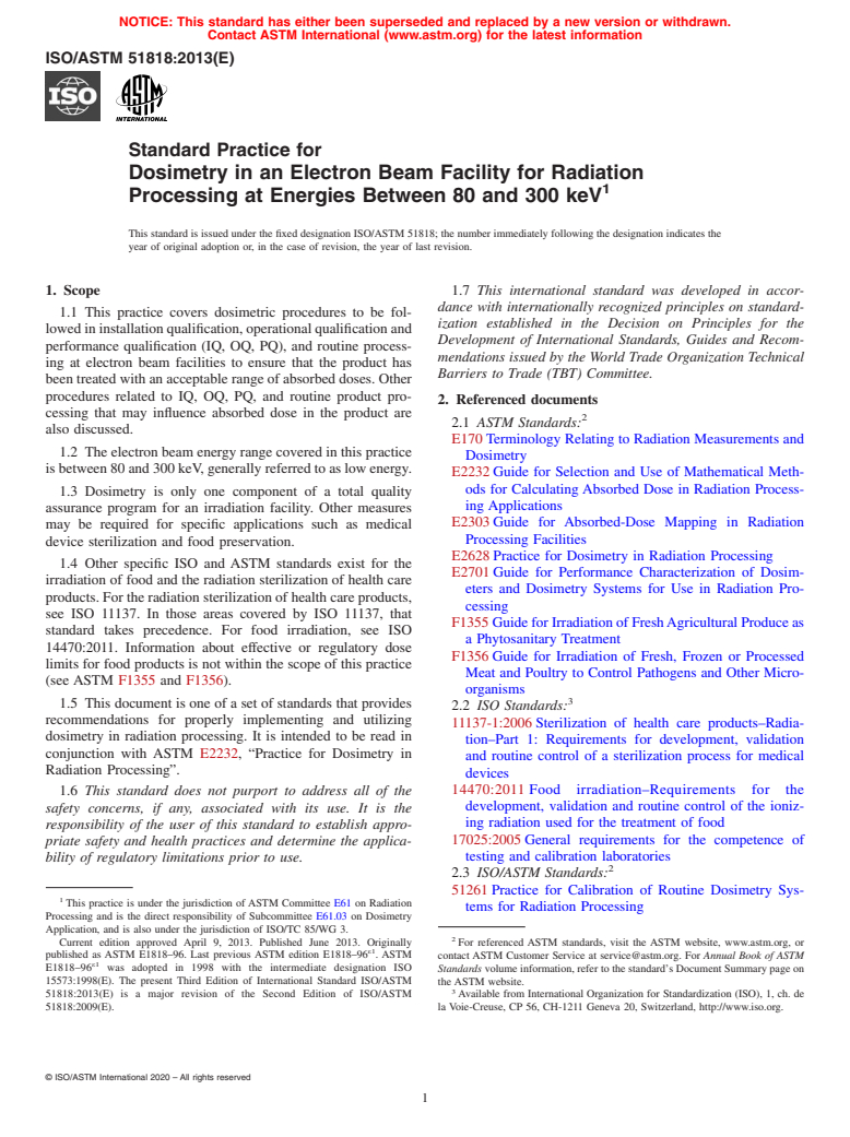 ASTM ISO/ASTM51818-13 - Standard Practice for Dosimetry in an Electron Beam Facility for Radiation Processing at Energies Between 80 and 300 keV