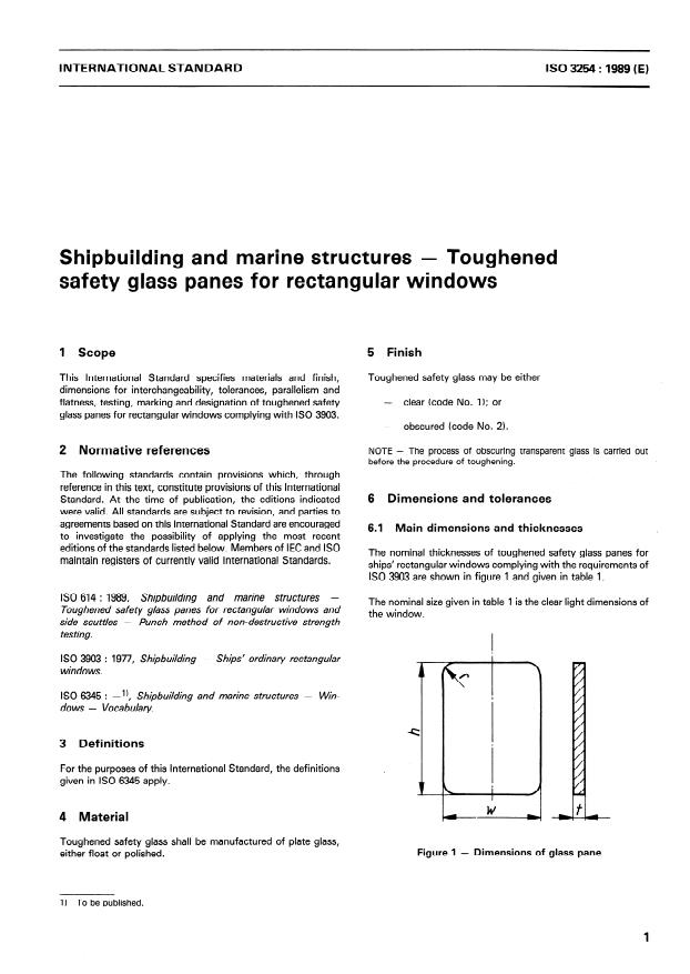 ISO 3254:1989 - Shipbuilding and marine structures -- Toughened safety glass panes for rectangular windows