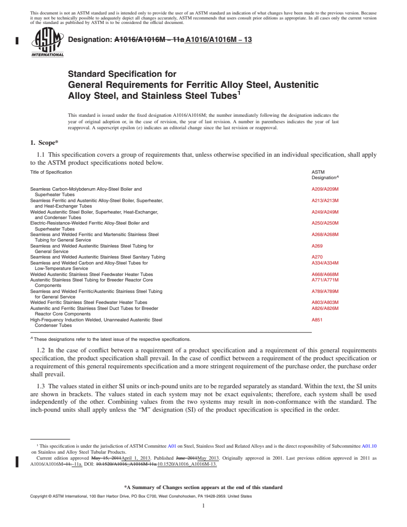 REDLINE ASTM A1016/A1016M-13 - Standard Specification for  General Requirements for Ferritic Alloy Steel, Austenitic Alloy   Steel, and Stainless Steel Tubes