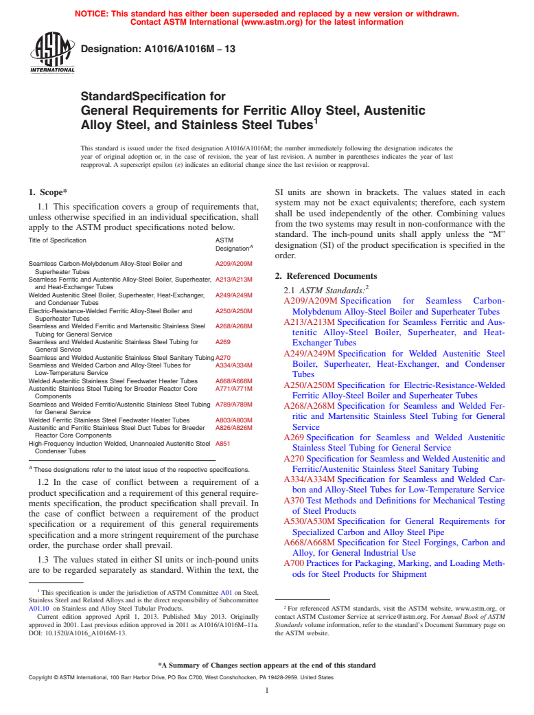 ASTM A1016/A1016M-13 - Standard Specification for  General Requirements for Ferritic Alloy Steel, Austenitic Alloy   Steel, and Stainless Steel Tubes