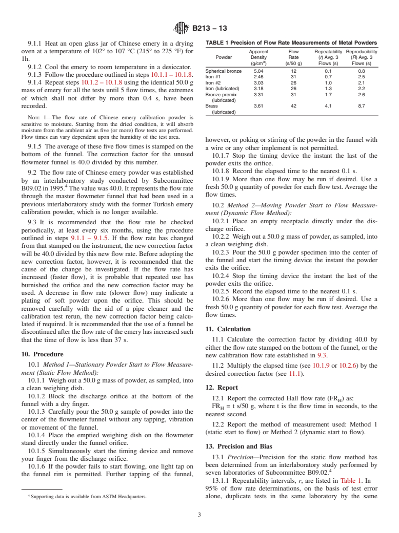 ASTM B213-13 - Standard Test Methods for Flow Rate of Metal Powders Using the Hall Flowmeter Funnel