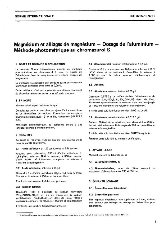 ISO 3255:1974 - Magnésium et alliages de magnésium -- Dosage de l'aluminium -- Méthode photométrique au chromazurol S