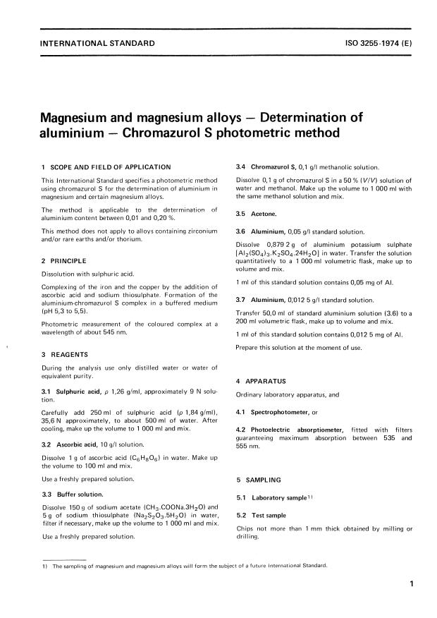 ISO 3255:1974 - Magnesium and magnesium alloys -- Determination of aluminium -- Chromazurol S photometric method