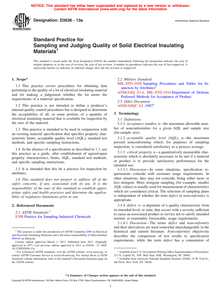 ASTM D3636-13a - Standard Practice for  Sampling and Judging Quality of Solid Electrical Insulating  Materials