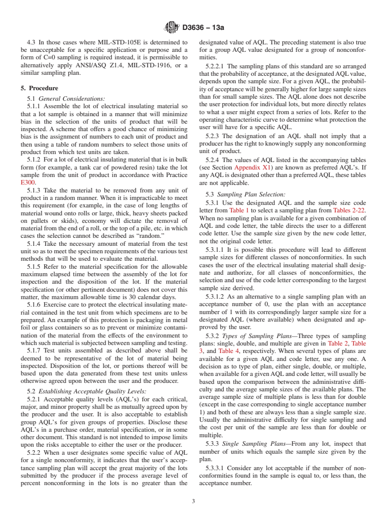 ASTM D3636-13a - Standard Practice for  Sampling and Judging Quality of Solid Electrical Insulating  Materials