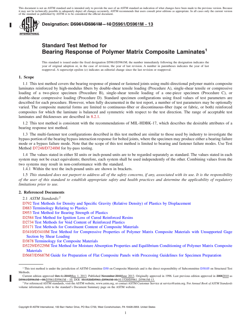 REDLINE ASTM D5961/D5961M-13 - Standard Test Method for  Bearing Response of Polymer Matrix Composite Laminates