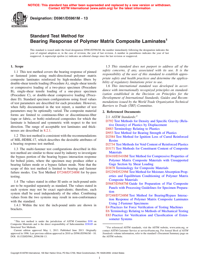 ASTM D5961/D5961M-13 - Standard Test Method for  Bearing Response of Polymer Matrix Composite Laminates