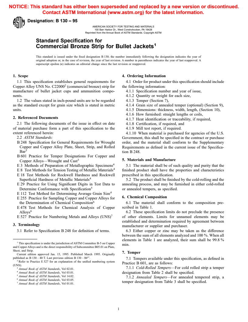 ASTM B130-95 - Standard Specification for Commercial Bronze Strip for Bullet Jackets
