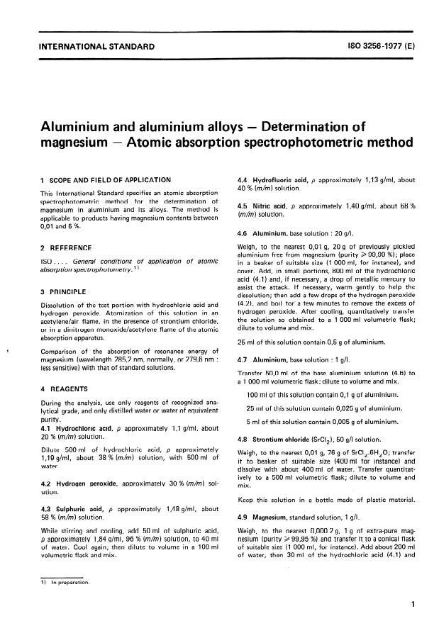 ISO 3256:1977 - Aluminium and aluminium alloys -- Determination of magnesium -- Atomic absorption spectrophotometric method