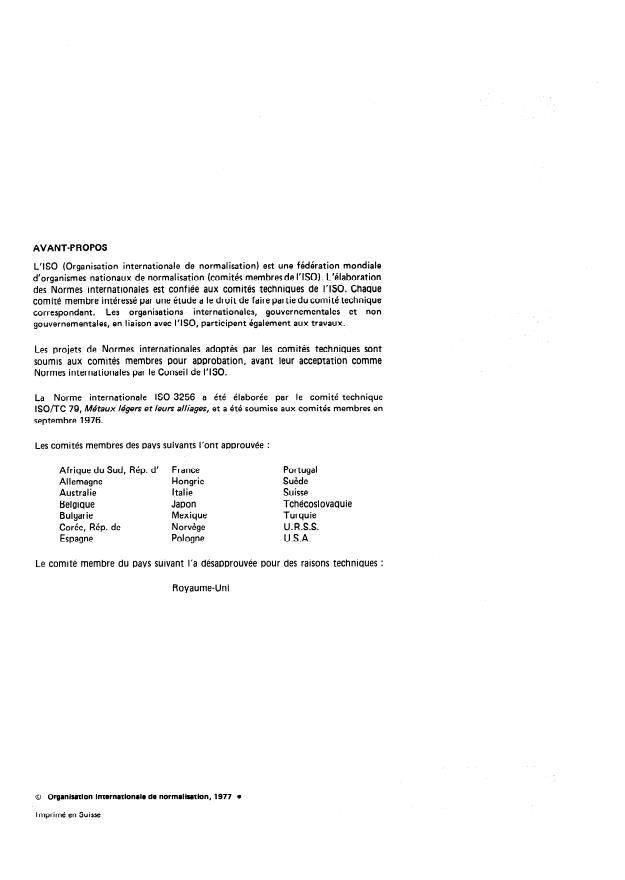 ISO 3256:1977 ISO 3256:1977 - Aluminium et alliages d'aluminium -- Dosage du magnésium -- Méthode par absorption atomique - Page 2 preview