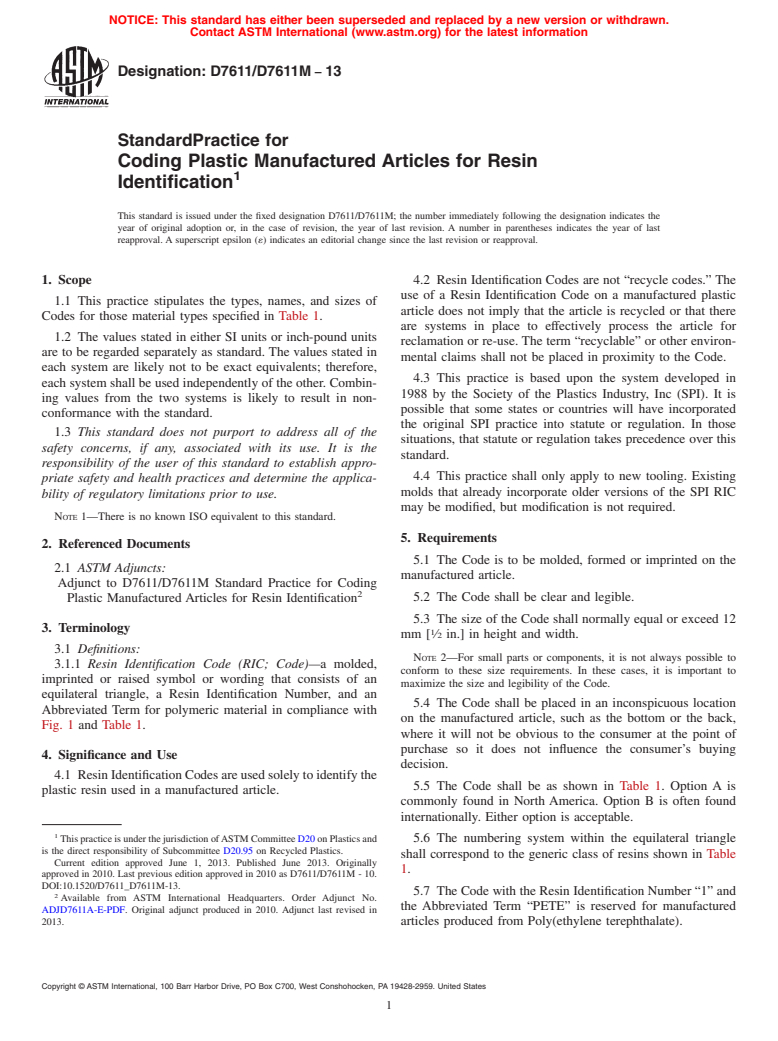 ASTM D7611/D7611M-13 - Standard Practice for Coding Plastic Manufactured Articles for Resin Identification