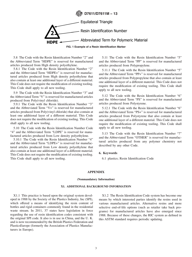 ASTM D7611/D7611M-13 - Standard Practice for Coding Plastic Manufactured Articles for Resin Identification