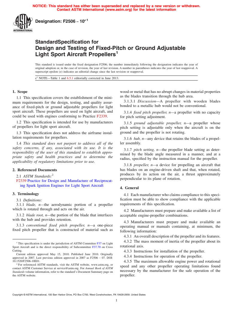 ASTM F2506-10e1 - Standard Specification for  Design and Testing of Fixed-Pitch or Ground Adjustable Light  Sport  Aircraft Propellers