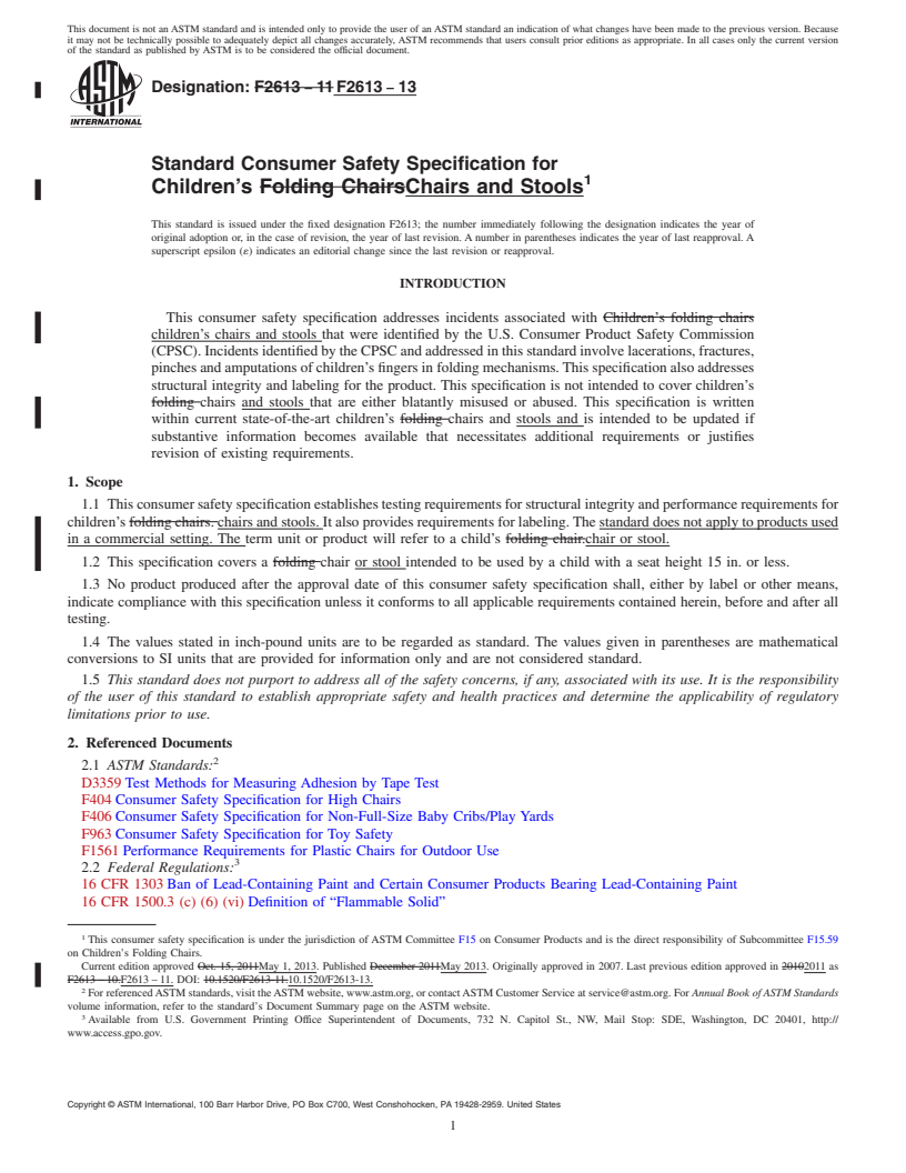 REDLINE ASTM F2613-13 - Standard Consumer Safety Specification for Children's Chairs and Stools