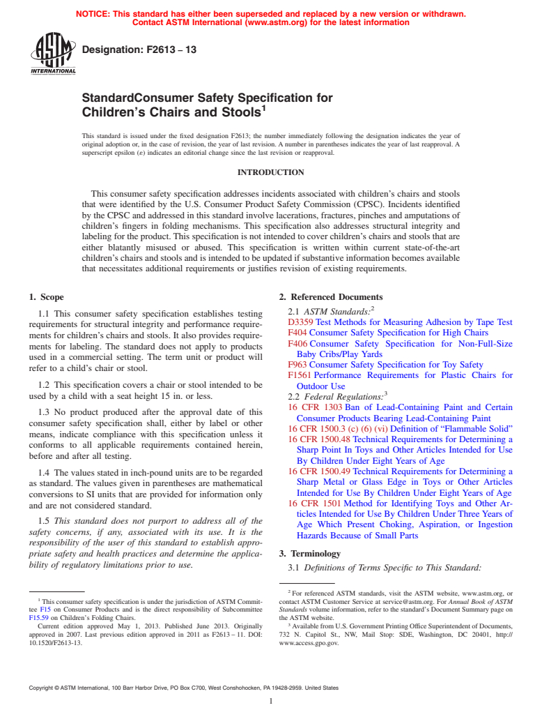 ASTM F2613-13 - Standard Consumer Safety Specification for Children's Chairs and Stools