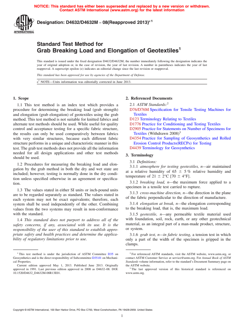 ASTM D4632/D4632M-08(2013)e1 - Standard Test Method for Grab Breaking Load and Elongation of Geotextiles