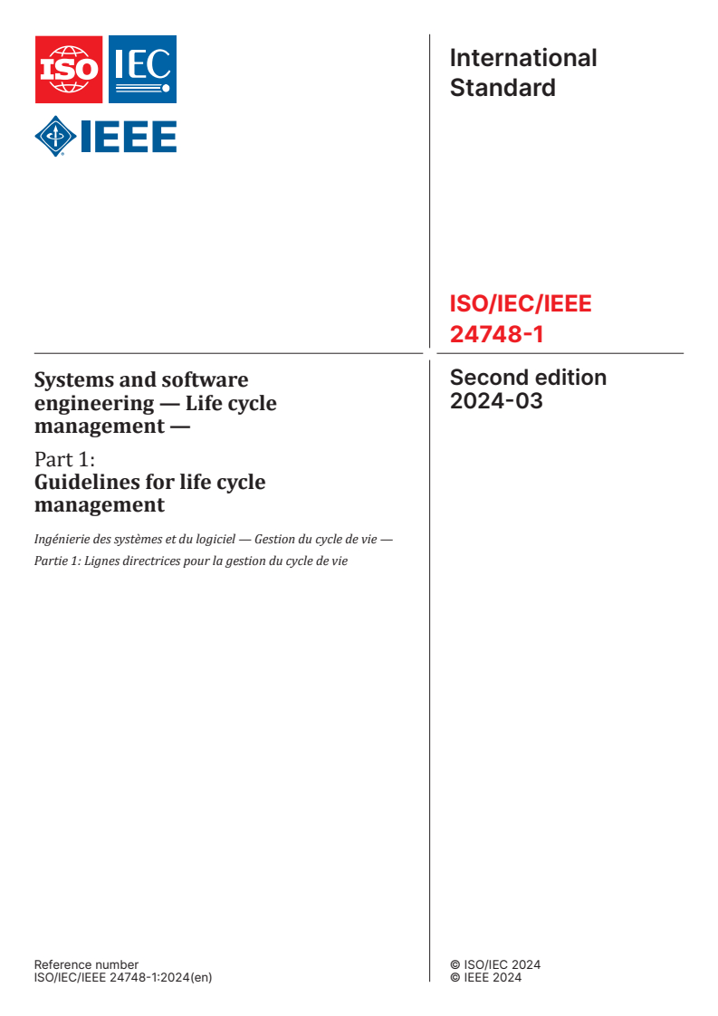 ISO/IEC/IEEE 24748-1:2024 - Systems and software engineering — Life cycle management — Part 1: Guidelines for life cycle management
Released:22. 03. 2024