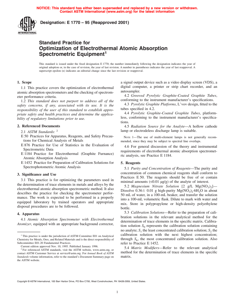 ASTM E1770-95(2001) - Standard Practice for Optimization of Electrothermal Atomic Absorption Spectrometric Equipment