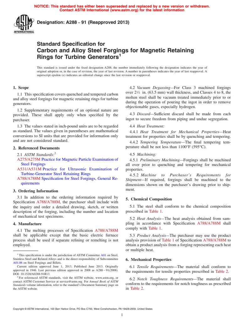 ASTM A288-91(2013) - Standard Specification for  Carbon and Alloy Steel Forgings for Magnetic Retaining Rings  for Turbine Generators