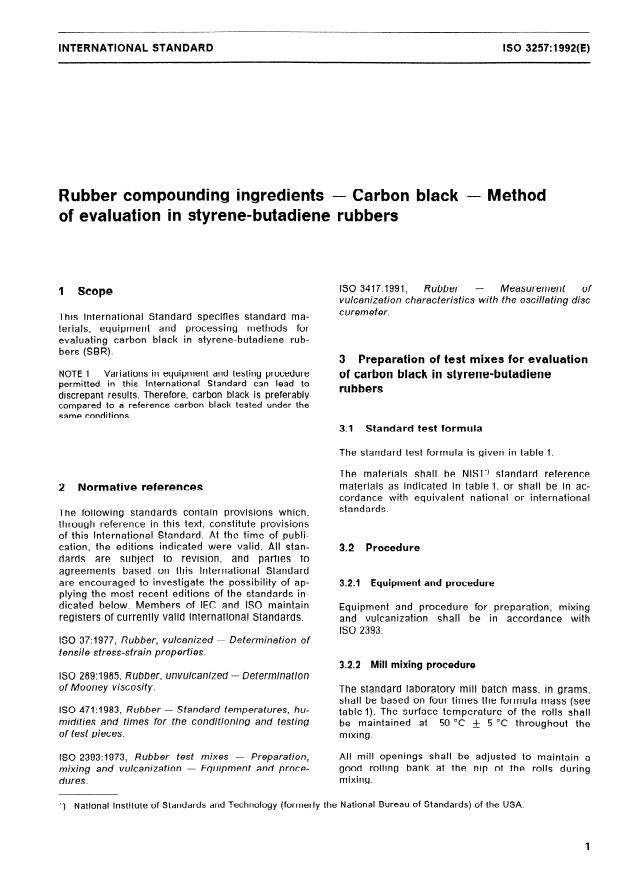 ISO 3257:1992 - Rubber compounding ingredients -- Carbon black -- Method of evaluation in styrene-butadiene rubbers