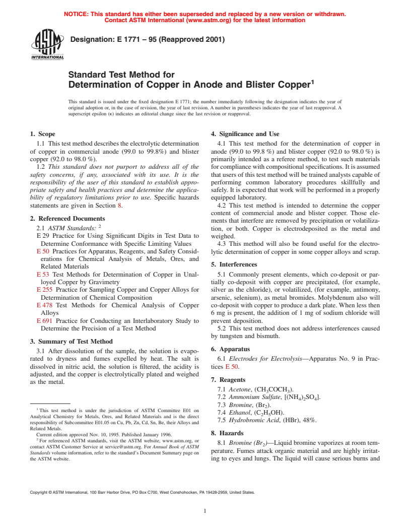 ASTM E1771-95(2001) - Standard Test Method for Determination of Copper in Anode and Blister Copper