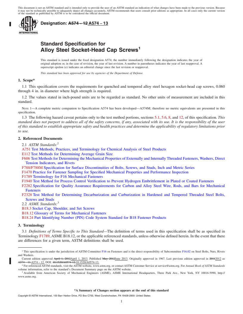 REDLINE ASTM A574-13 - Standard Specification for  Alloy Steel Socket-Head Cap Screws