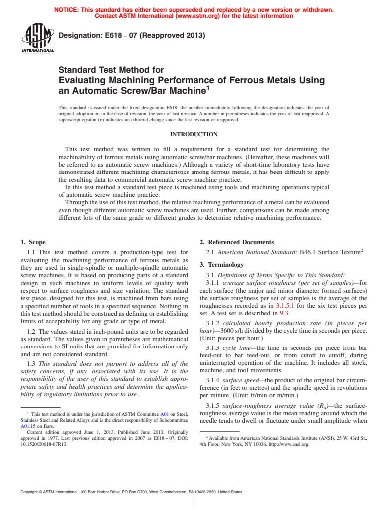 ASTM E618-07(2013) - Standard Test Method for  Evaluating Machining Performance of Ferrous Metals Using an   Automatic Screw/Bar Machine