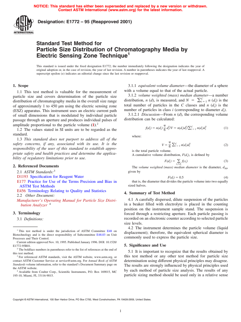 ASTM E1772-95(2001) - Standard Test Method for Particle Size Distribution of Chromatography Media by Electric Sensing Zone Technique (Withdrawn 2010)